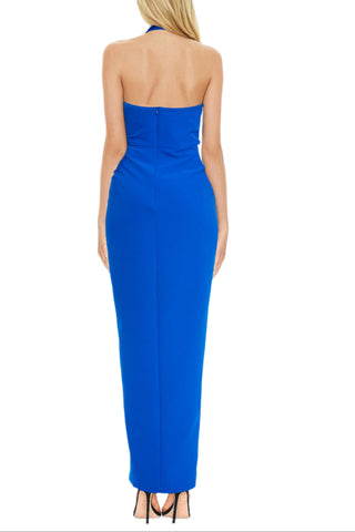 Badgley Mischka Halter Neckline Open Back Waist Line Bonnie Tie High Slit Gown Dress - COBALT - Back