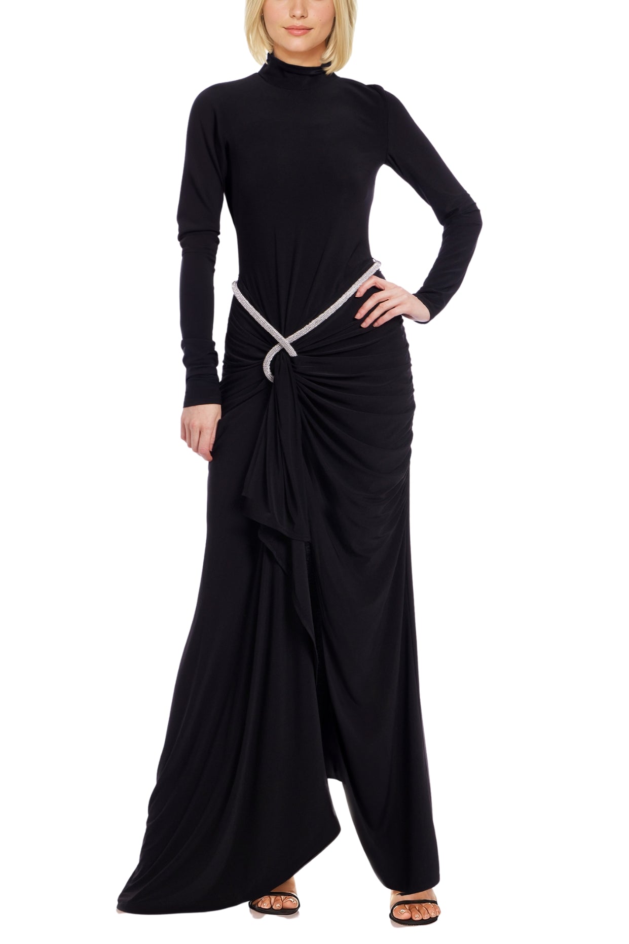 Badgley Mischka Christina High Neckline Long Sleeve Crystal Embellished Cinched Waist Belt Draped Silhouette Gown Dress Badgley Mischka Christina High Neckline Long Sleeve Crystal Embellished Cinched Waist Belt Draped Silhouette Gown Dress