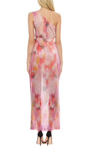 Badgley Mischka Debbie One-Shoulder Side Zipper Draping Side Waist Fold Sheer Skirt Gown Dress - PINK MULTI - back