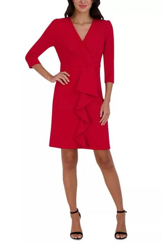 Julia Jordan Pleated Ruffled-Front Sheath Dress - SPRING RED - Front 