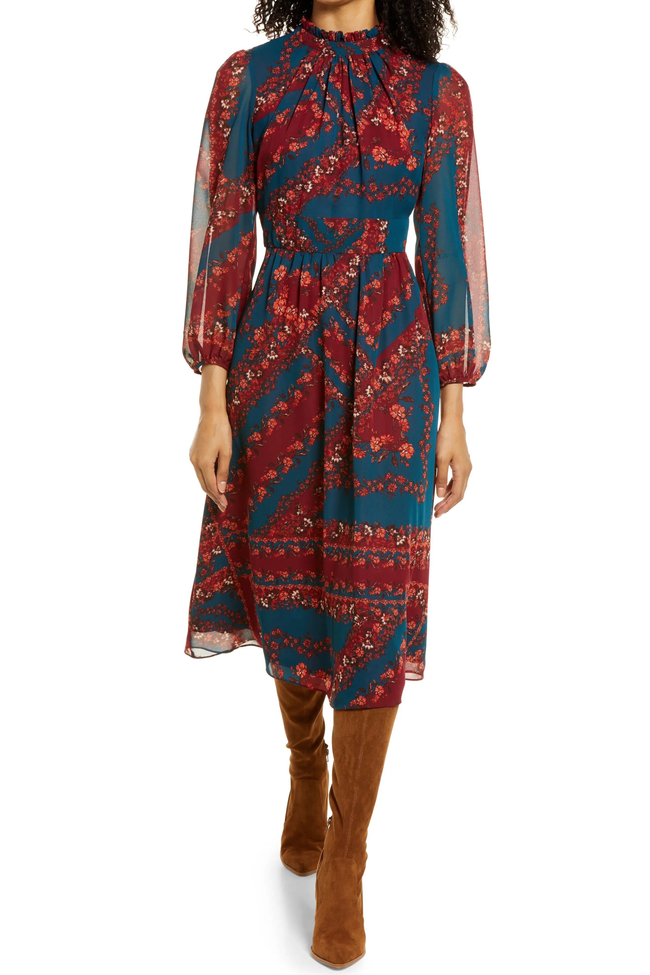 Julia Jordan Floral Long Sleeve A-Line Midi Dress | Available at Curated Brands in Los Angeles Julia Jordan Floral Long Sleeve A-Line Midi Dress | Available at Curated Brands in Los Angeles