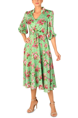 Julia Jordan Floral-Print Tie-Waist Midi Charmeuse Dress - Green Multi - Front