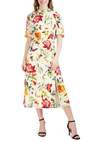 Julia Jordan Floral Mock Neck Linen Dress - Ivory Multi - Front