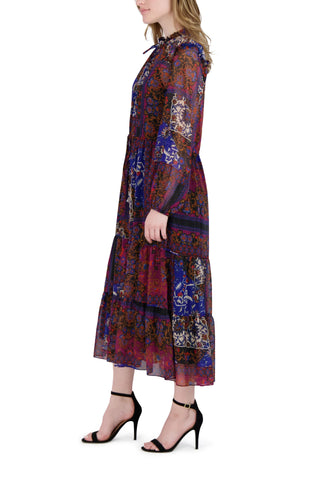 Donna Ricco Ruffle High Mock Neckline Long Bishop Sheer Sleeves Gather Cuffs Waist Drawstring Tie Tiered Midi Blouse Dress