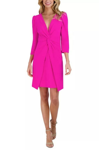 Julia Jordan Puffed-Shoulder Twist-Front Crepe Dress -  FUCHSIA - front