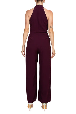 Julia Jordan Stretch Criss Cross Halter Neckline Sleeveless Crepe Jumpsuit With Pockets - Cabernet - Back