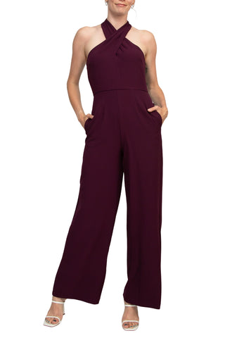 Julia Jordan Stretch Criss Cross Halter Neckline Sleeveless Crepe Jumpsuit With Pockets - Cabernet - Front