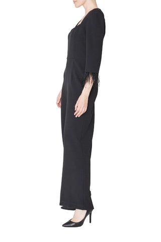 Julia Jordan Faux Feather Trim V Neck Crepe Jumpsuit - BLACK - Side