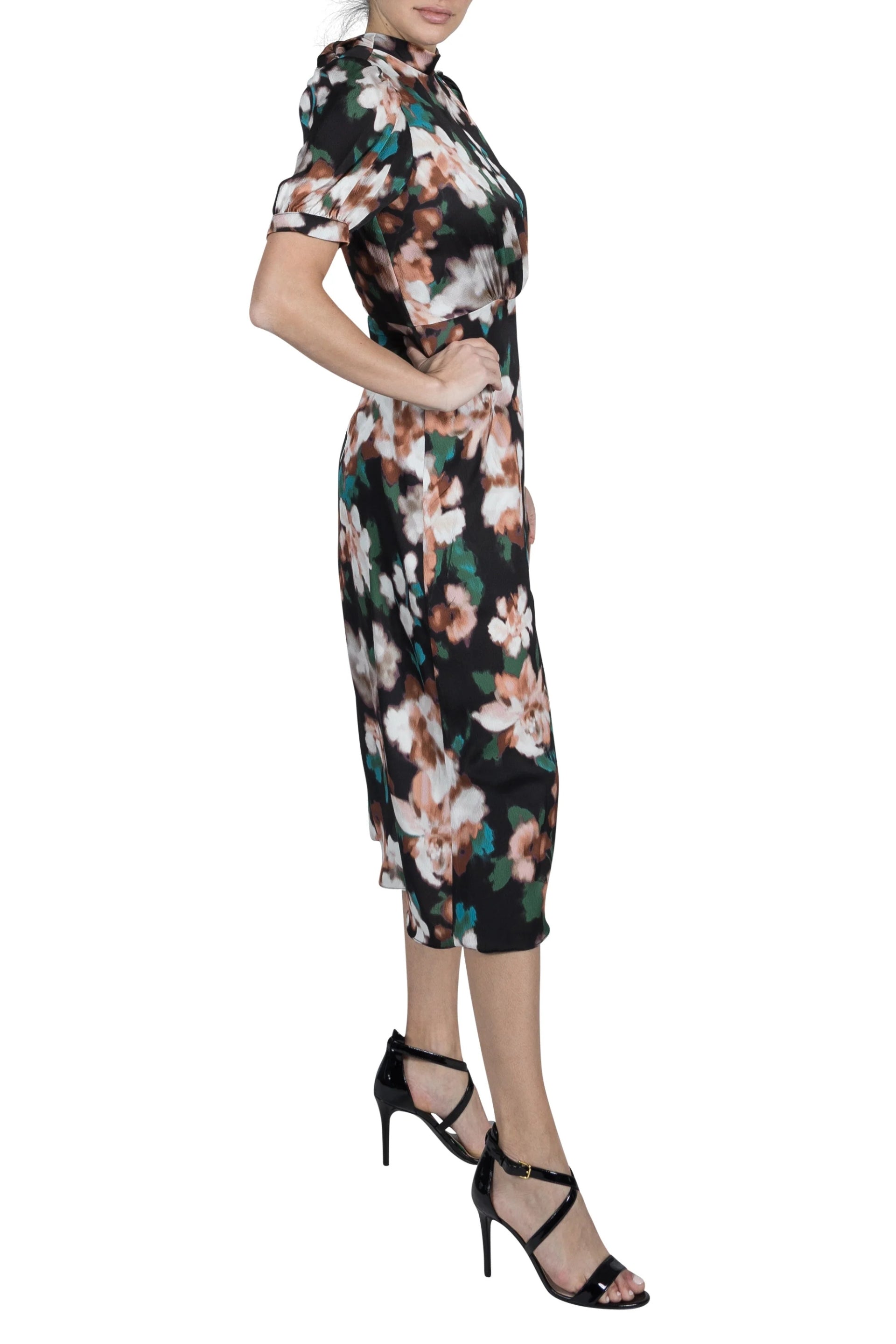 Donna Ricco Floral High Mock Neckline Short Puffed Sleeves Inset Waist Curated Brands Donna Ricco Floral High Mock Neckline Short Puffed Sleeves Inset Waist Curated Brands