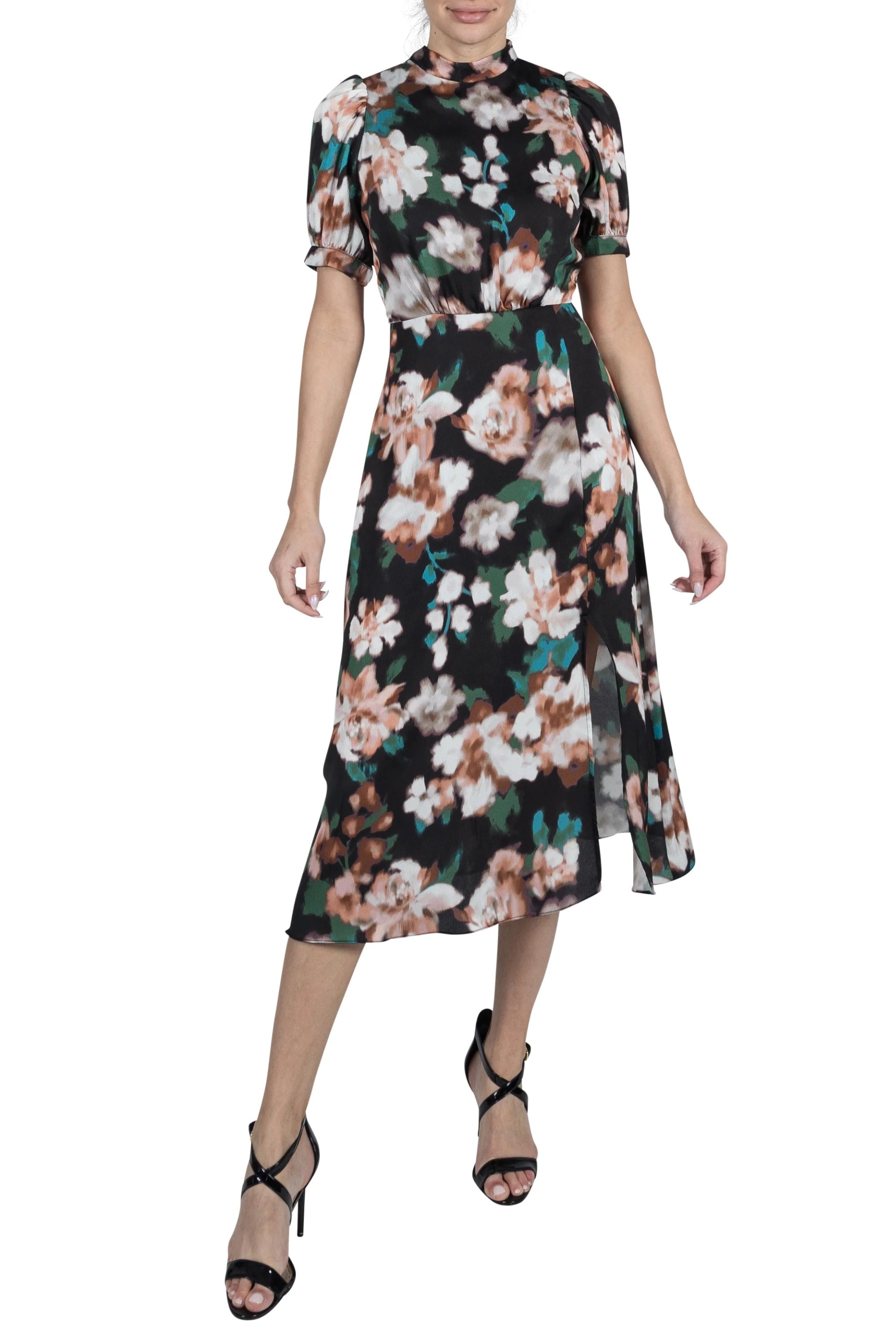 Donna Ricco Floral High Mock Neckline Short Puffed Sleeves Inset Waist – Curated Brands Donna Ricco Floral High Mock Neckline Short Puffed Sleeves Inset Waist – Curated Brands