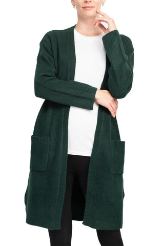 Velvet Heart Open Front Long Sleeve Ribbed Cuffs and Hem Knit Oversize Cardigan with Pockets - Forest Green - Front