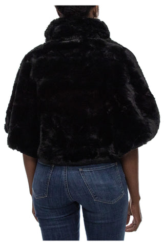 Nina Leonard Collared Cap Sleeve One Button Closure Solid Faux Fur Jacket - Black - Back