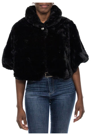 Nina Leonard Collared Cap Sleeve One Button Closure Solid Faux Fur Jacket - Black - Front