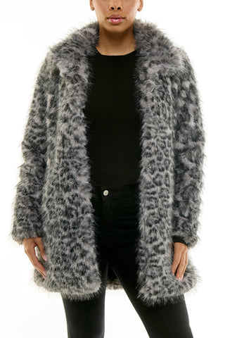 Nina Leonard Collared Gray Black Leopard Plush Faux Fur Coat Jacket