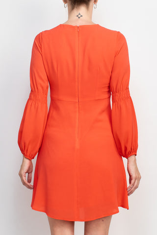 London Times Crew Neck Elastic Cuff A-Line Zipper Back Solid Dress (Petite)
