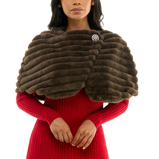 Nina Leonard Wrap Over Faux Fur Capelet And Crystal Closure - Mocha - Front