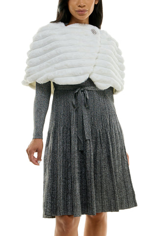 Nina Leonard Wrap Over Faux Fur Capelet And Crystal Closure - Ivory - Front