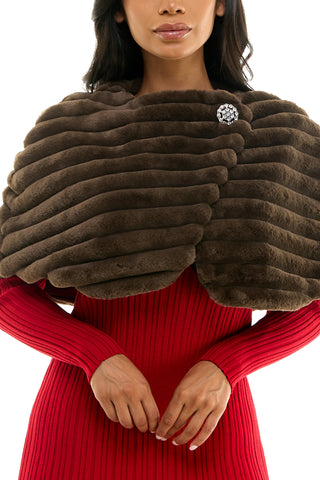 Nina Leonard Wrap Over Faux Fur Capelet And Crystal Closure ( Plus Size ) - Mocha - Front