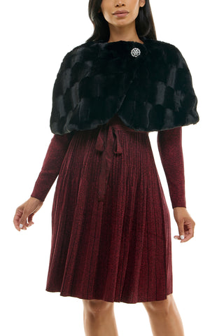 Nina Leonard Wrap Over Faux Fur Capelet With Crystal Closure - BLACK - FRONT 