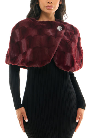 Nina Leonard Wrap Over Faux Fur Capelet With Crystal Closure - CABERNET - Front 