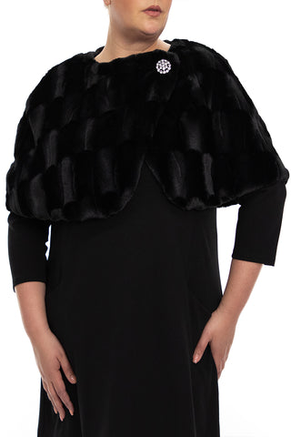 Wrap Over Faux Fur Capelet With Crystal Closure ( Plus Size ) - Black - Front