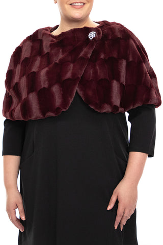 Wrap Over Faux Fur Capelet With Crystal Closure ( Plus Size ) - Cabernet - Front