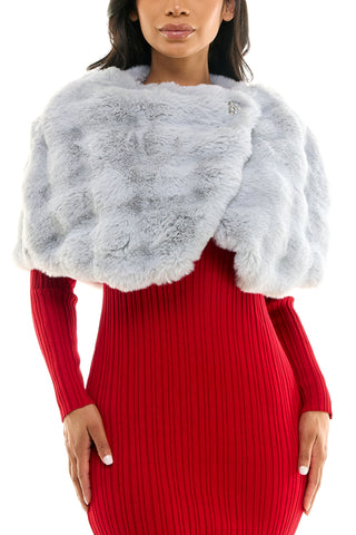 Nina Leonard One Button And Hook Closure Embellished Faux Fur Caplet - DOVE - Front 