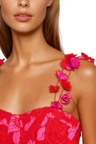 One33 Social Athena Sweetheart Neckline Floral Applique Straps Sleeveless Fit Bodice Flared Pink Lace A-Line Midi Dress