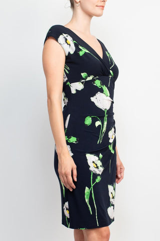 Catherine Malandrino V-Neck Sleeveless Gathered Side Floral Print Jersey Dress