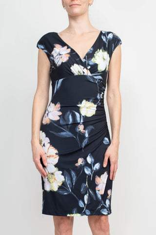 Catherine Malandrino V-Neck Gathered Side Cap Sleeve Floral Print Jersey Dress