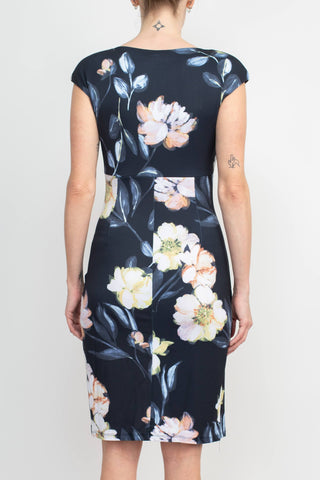 Catherine Malandrino V-Neck Gathered Side Cap Sleeve Floral Print Jersey Dress