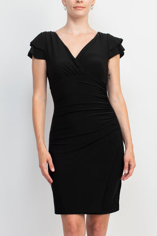 Catherine Malandrino V-Neck Short Sleeve Gathered Side Solid Jersey Dress