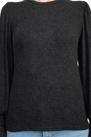 Catherine Malandrino Crew Neck Long Sleeve Elastic Cuff’s Solid Knit Top - CHARCOAL HEATHER - Fabric