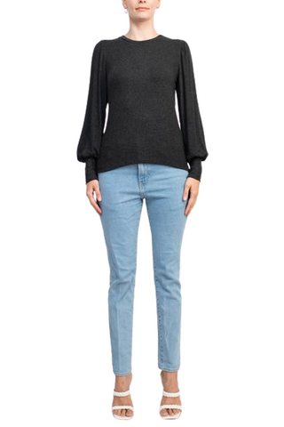 Catherine Malandrino Crew Neck Long Sleeve Elastic Cuff’s Solid Knit Top - CHARCOAL HEATHER - Front Full view