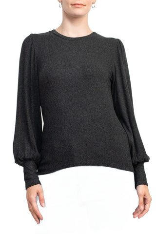 Catherine Malandrino Crew Neck Long Sleeve Elastic Cuff’s Solid Knit Top - CHARCOAL HEATHER - Front