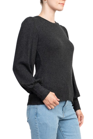 Catherine Malandrino Crew Neck Long Sleeve Elastic Cuff’s Solid Knit Top - CHARCOAL HEATHER - Side