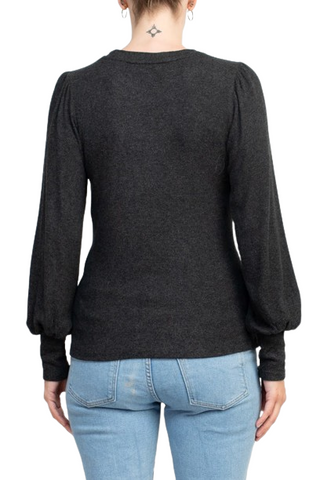 Catherine Malandrino Crew Neck Long Sleeve Elastic Cuff’s Solid Knit Top - CHARCOAL HEATHER - Back