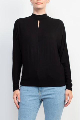Catherine Malandrino High Neck Keyhole Front Long Sleeve Solid Knit Top