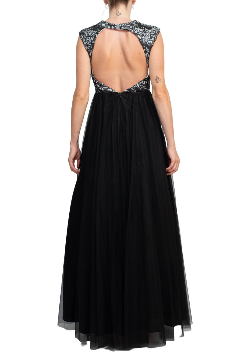Aidan Mattox Crew Neck Illusion Sleeveless Floral Open Back Embroidered Bodice Ruched Mesh Dress | Available at Curated Brands in Los Angeles Aidan Mattox Crew Neck Illusion Sleeveless Floral Open Back Embroidered Bodice Ruched Mesh Dress | Available at Curated Brands in Los Angeles