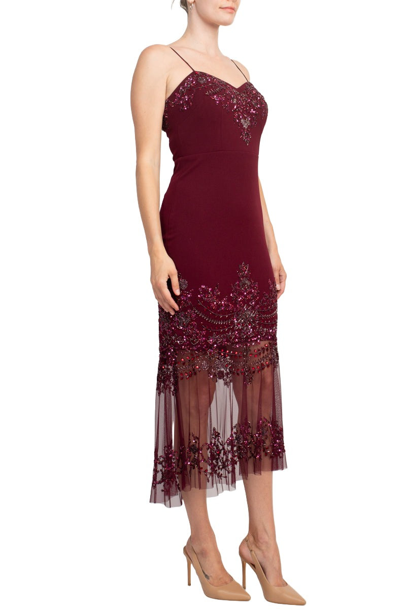 Aidan Mattox Spaghetti Strap Embellished Bodycon Zipper Back Illusion Crepe Dress | Available at Curated Brands in Los Angeles Aidan Mattox Spaghetti Strap Embellished Bodycon Zipper Back Illusion Crepe Dress | Available at Curated Brands in Los Angeles