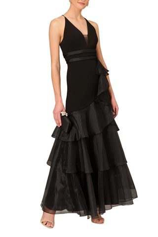 Aidan Mattox Tiered Halter Trumpet Ruffled Long Dress - BLACK - Front View