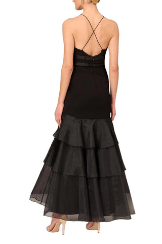 Aidan Mattox Tiered Halter Trumpet Ruffled Long Dress - BLACK - Back