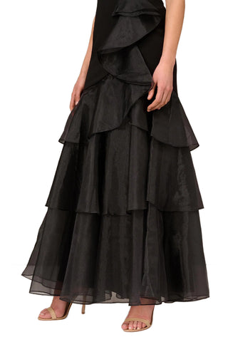 Aidan Mattox Tiered Halter Trumpet Ruffled Long Dress - BLACK - Ruffle View