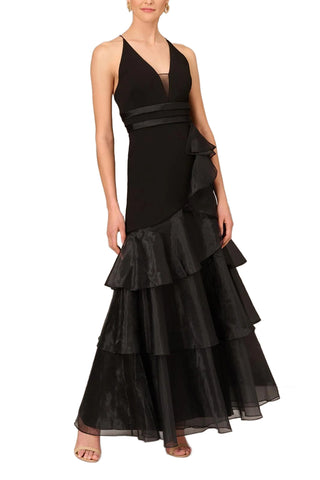 Aidan Mattox Tiered Halter Trumpet Ruffled Long Dress - BLACK - Front 