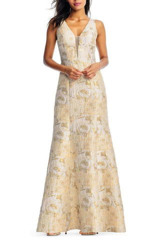 Aidan Mattox V-Neck Sleeveless Flutter Zipper Back Floral Metallic Jacquard Gown