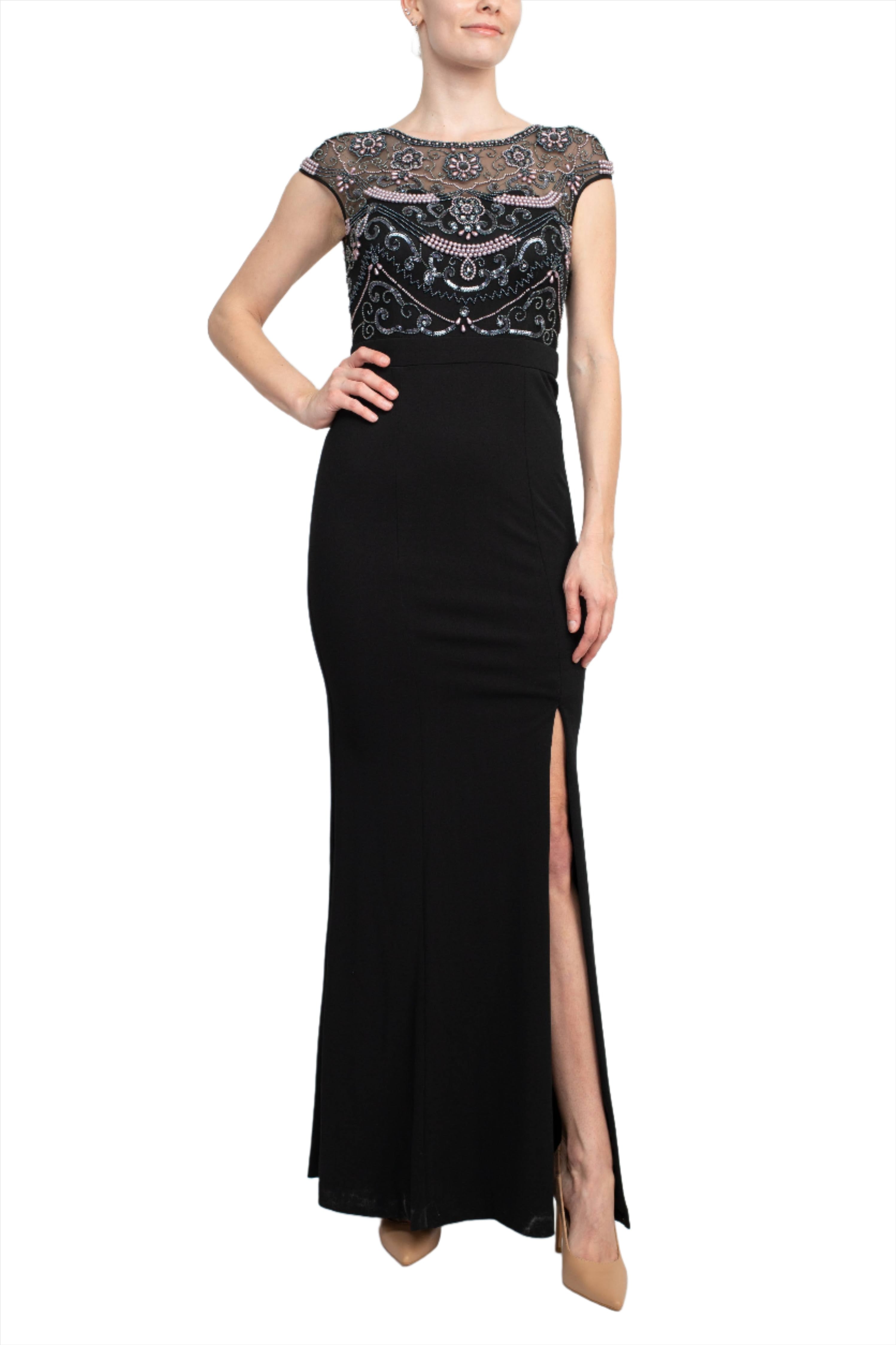 Aidan Mattox Embellished Mesh Bodice Crew Neck Cap Sleeve Keyhole Back Stretch Crepe Dress Aidan Mattox Embellished Mesh Bodice Crew Neck Cap Sleeve Keyhole Back Stretch Crepe Dress