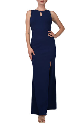 Aidan Mattox Boat Neck Sleeveless Beaded Sequin Rhinestone Back Keyhole Front Zipper Side Stretch Crepe Dress