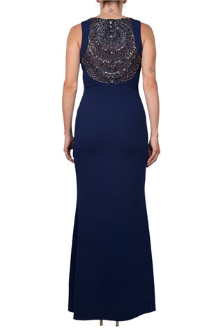 Aidan Mattox Boat Neck Sleeveless Beaded Sequin Rhinestone Back Keyhole Front Zipper Side Stretch Crepe Dress