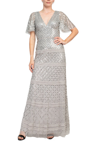 Aidan Mattox V-Neck Short Sleeve Beaded Sequined Piping Detail Zipper Back Mesh Gown