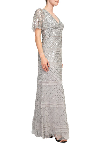 Aidan Mattox V-Neck Short Sleeve Beaded Sequined Piping Detail Zipper Back Mesh Gown